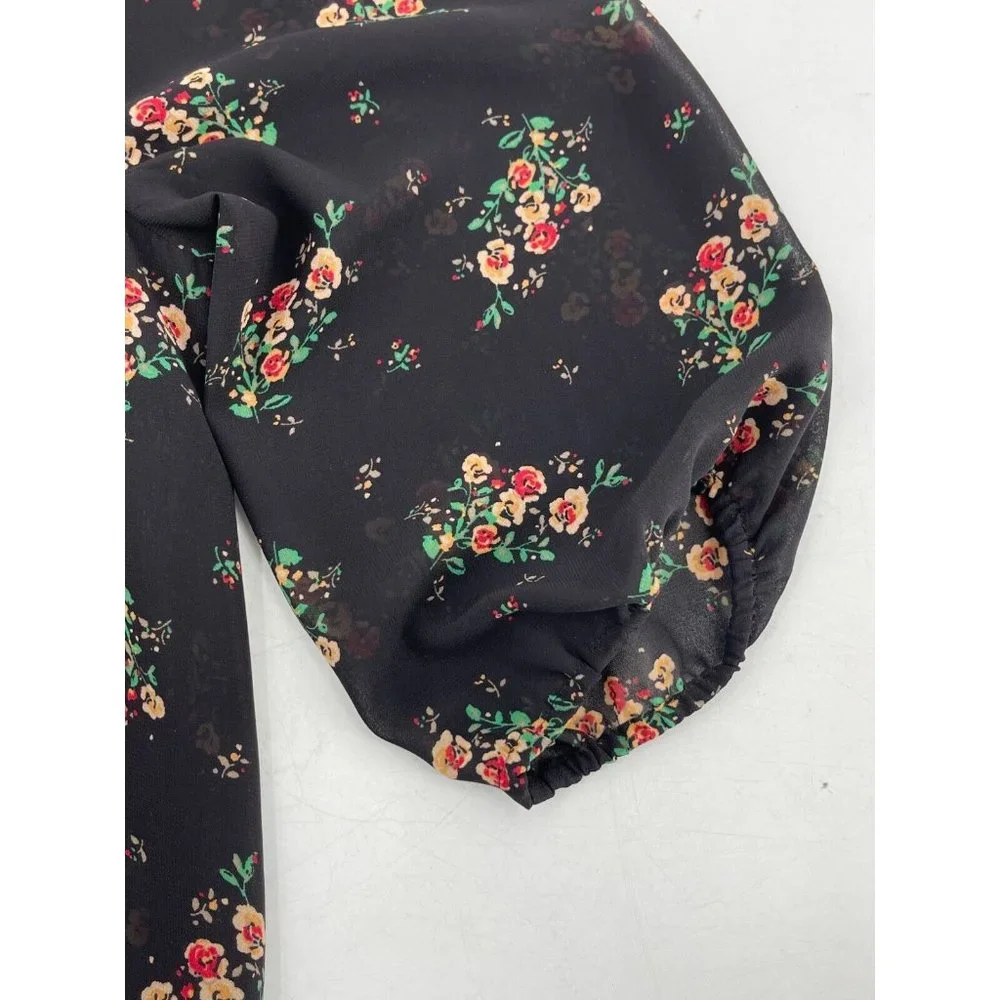 Guess Women's Sheer Short Sleeve Black Floral Peasant Boho Top Blouse Size XS - Picture 12 of 15